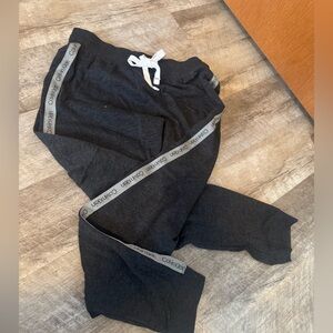 Calvin Klein SMALL charcoal grey joggers w logo stripe down side of legs